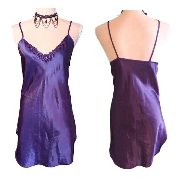 Vintage 80s Purple Satin Floral Applique Chemise Mini Slip Dress Medium - Picture 9 of 16